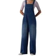 Washed Wide Leg Denim Overalls with Utility Pockets