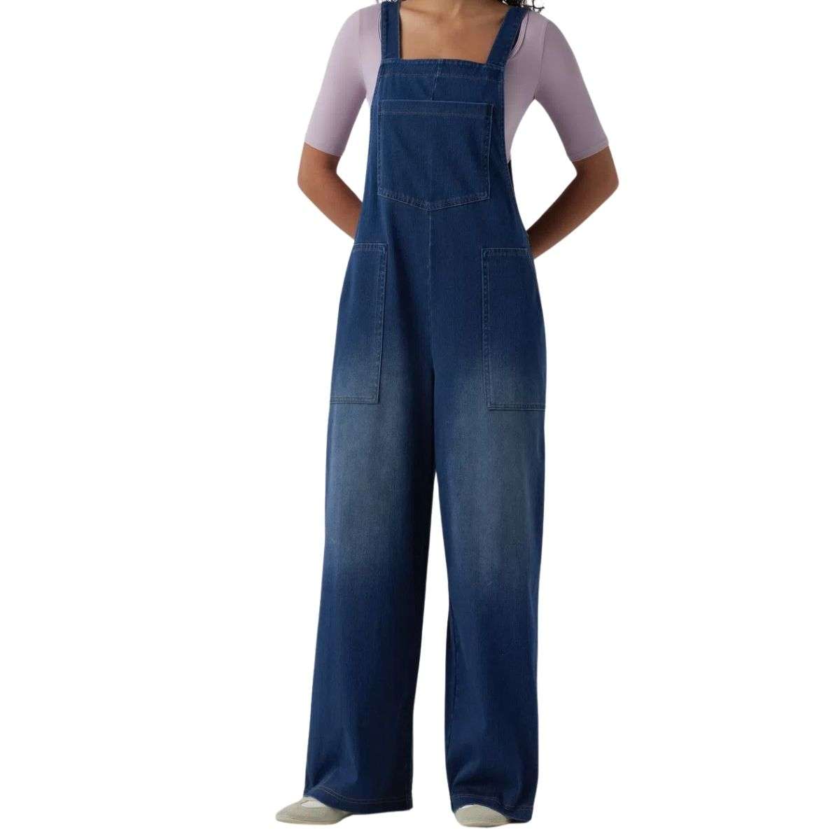 Washed Wide Leg Denim Overalls with Utility Pockets