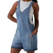 V-Neck Rolled Hem Denim Short Overalls with Pockets