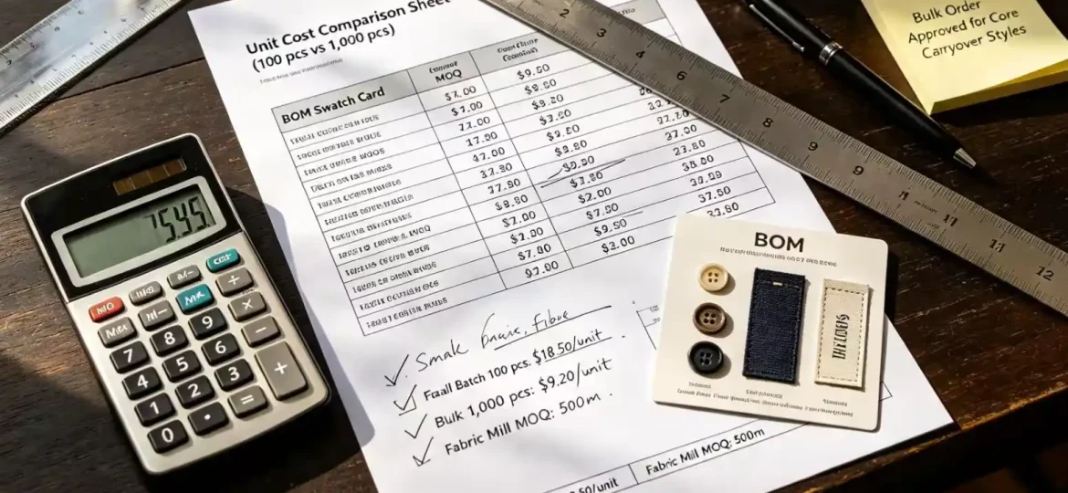 Small batch vs bulk clothing cost comparison showing how order quantity affects garment unit price