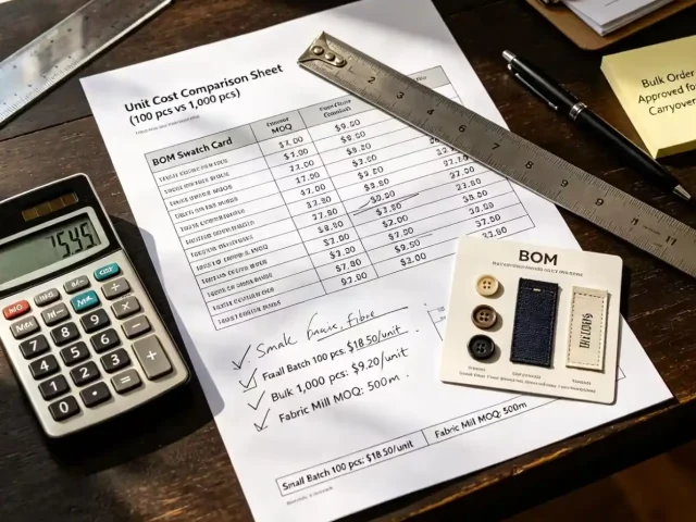 Small batch vs bulk clothing cost comparison showing how order quantity affects garment unit price