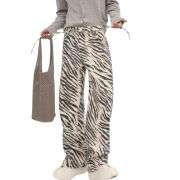Y2K Style Zebra Stripe Print High Waist Drawstring Wide Leg Denim Jeans
