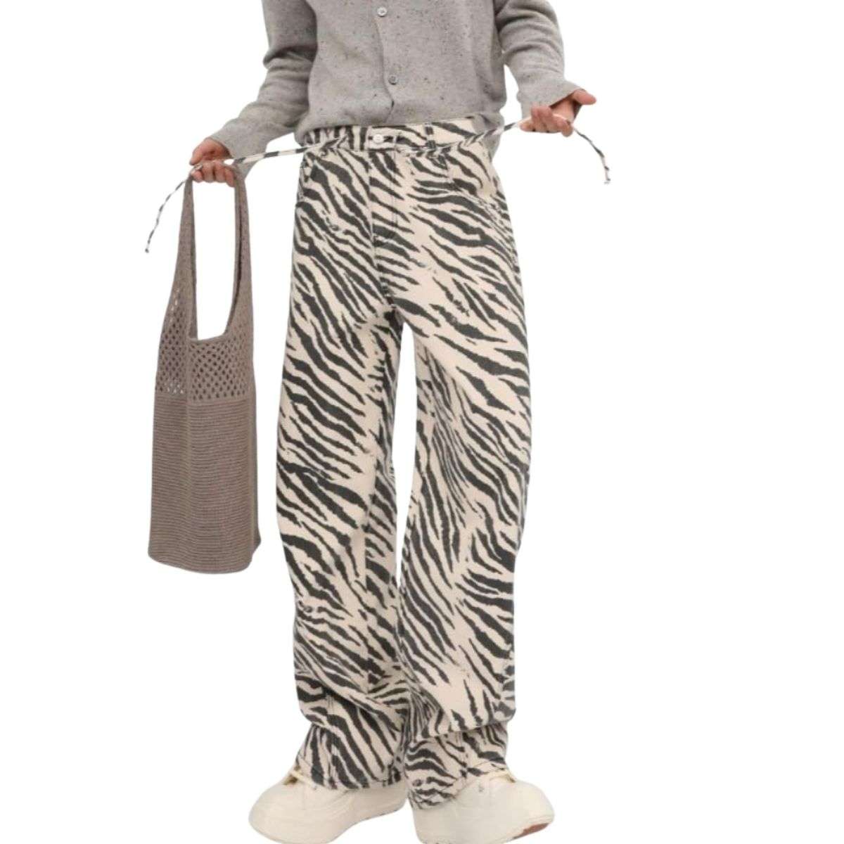 Y2K Style Zebra Stripe Print High Waist Drawstring Wide Leg Denim Jeans