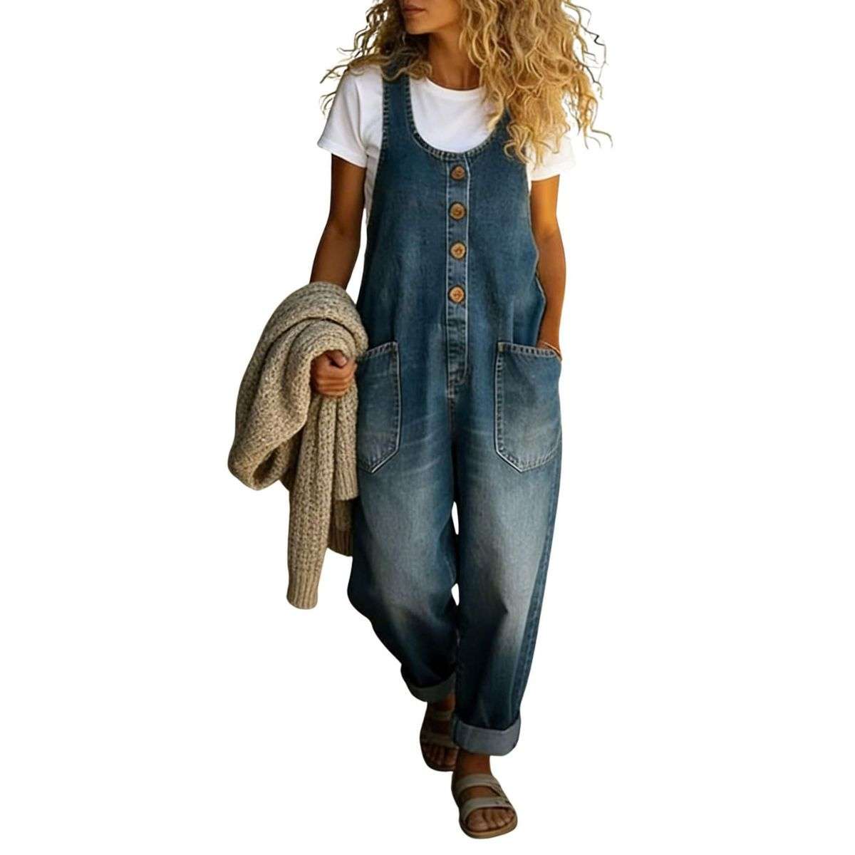 Women’s Y2K Style Loose Fit Cargo Denim Bib Overalls