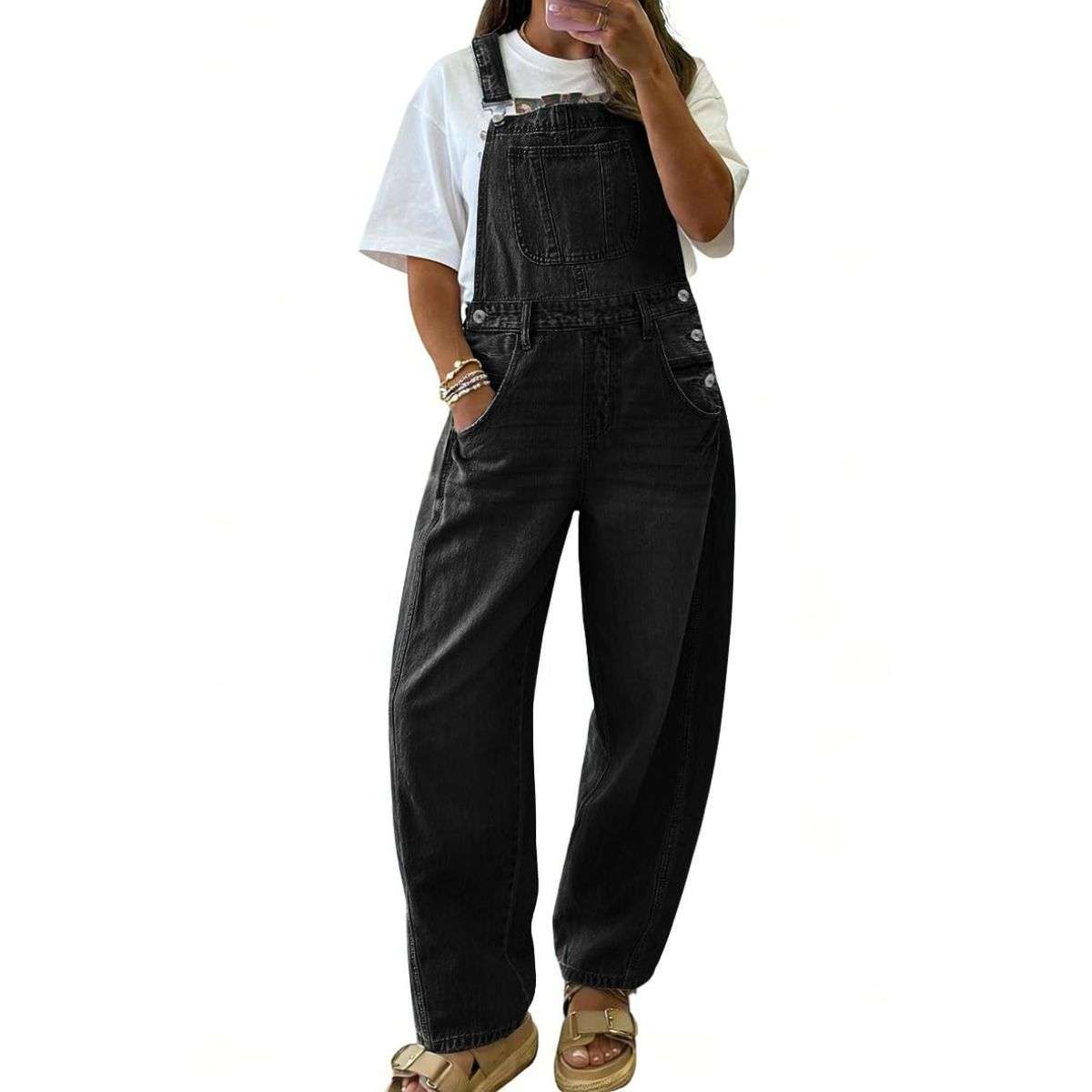 Women’s Loose Fit Adjustable Strap Cargo Denim Bib Overalls