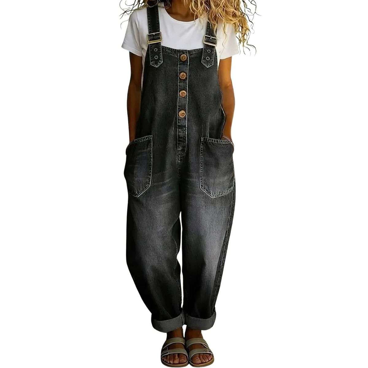 Women’s Y2K Style Button Front Wide Leg Denim Bib Overalls