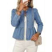 Women’s Collarless Button Front Cinched Waist Long Sleeve Denim Jacket