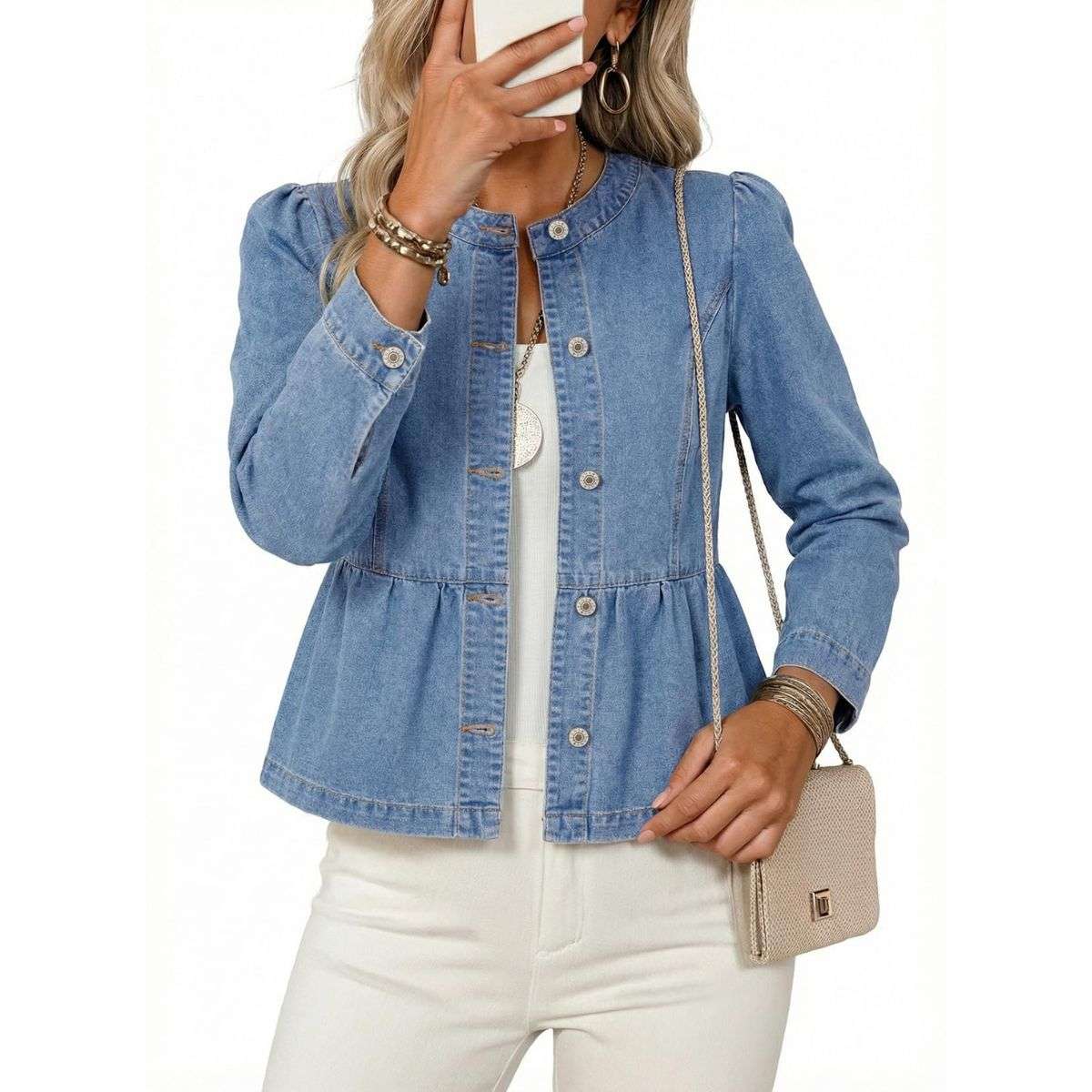 Women’s Collarless Button Front Cinched Waist Long Sleeve Denim Jacket
