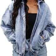 Women’s Zip Up Hooded Cropped Denim Jacket