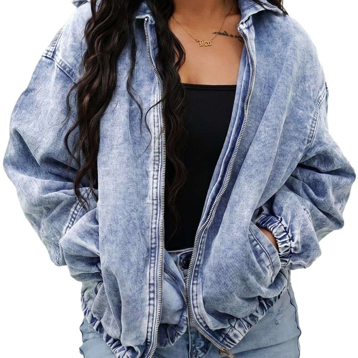 Women’s Zip Up Hooded Cropped Denim Jacket