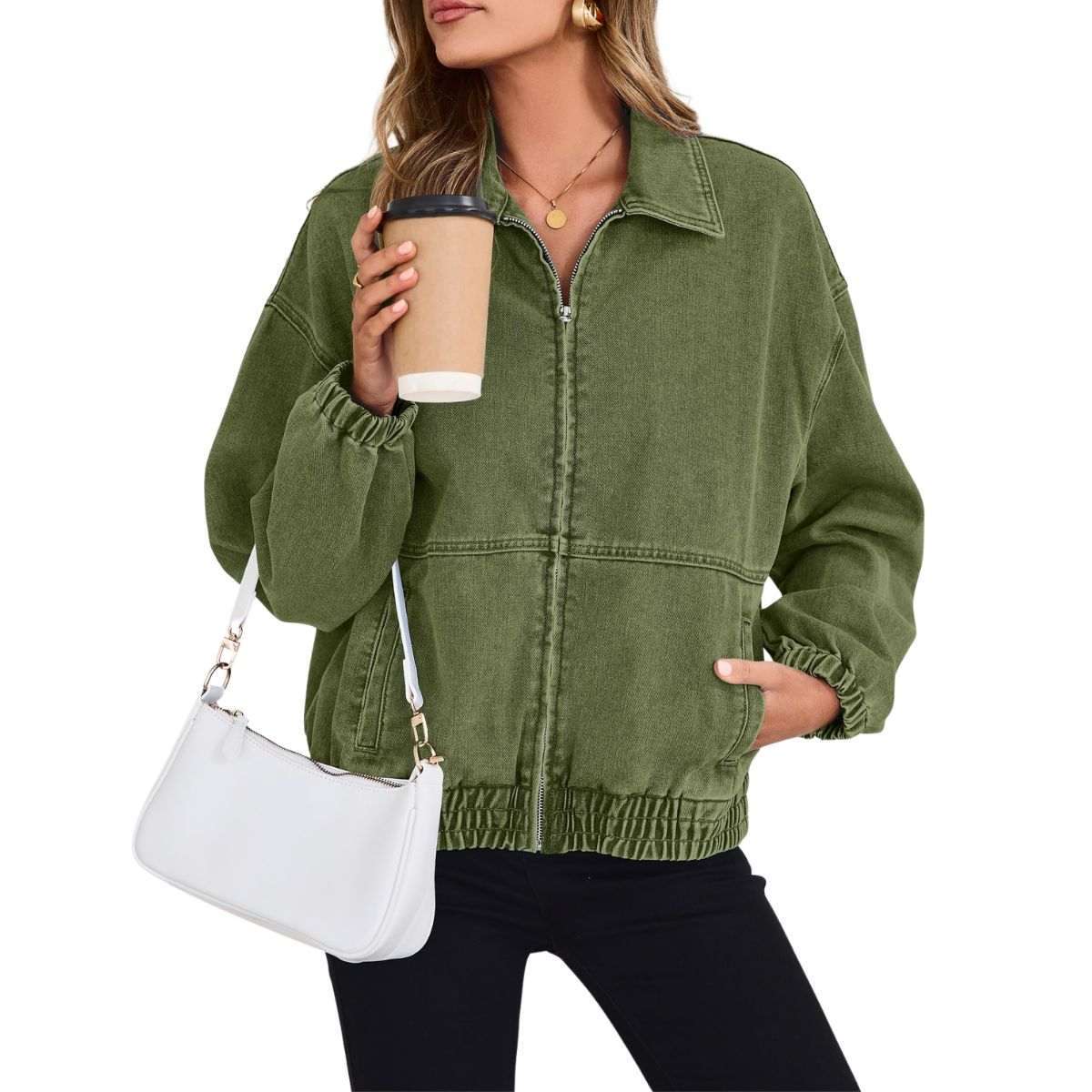 Women’s Zip Up Long Sleeve Loose Fit Denim Jacket