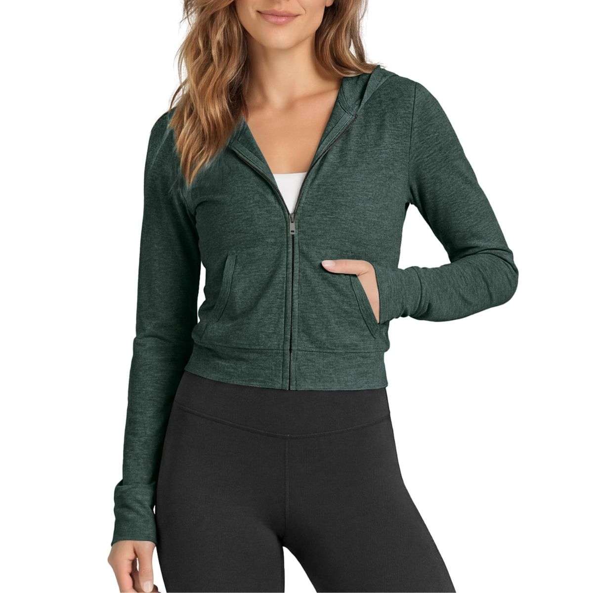 Women’s Full Zip Up Hooded Cropped Jacket with Pockets