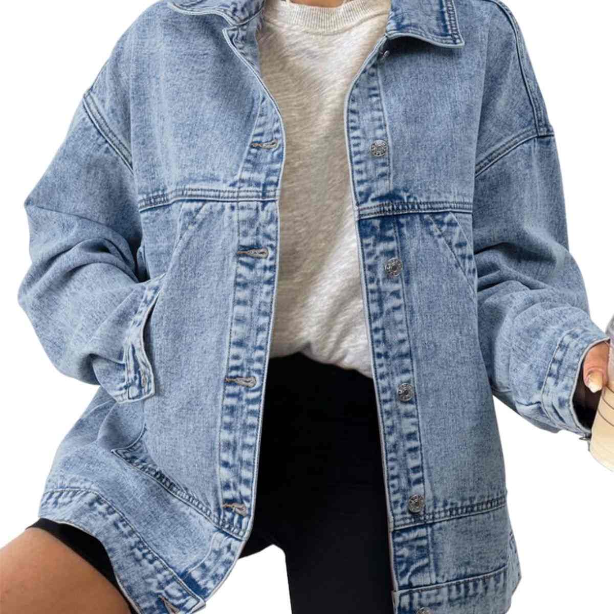Women’s Casual Drop Shoulder Button Front Denim Jacket With Pockets