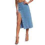 Women’s High Waisted Button Front Slit Midi Denim Skirt