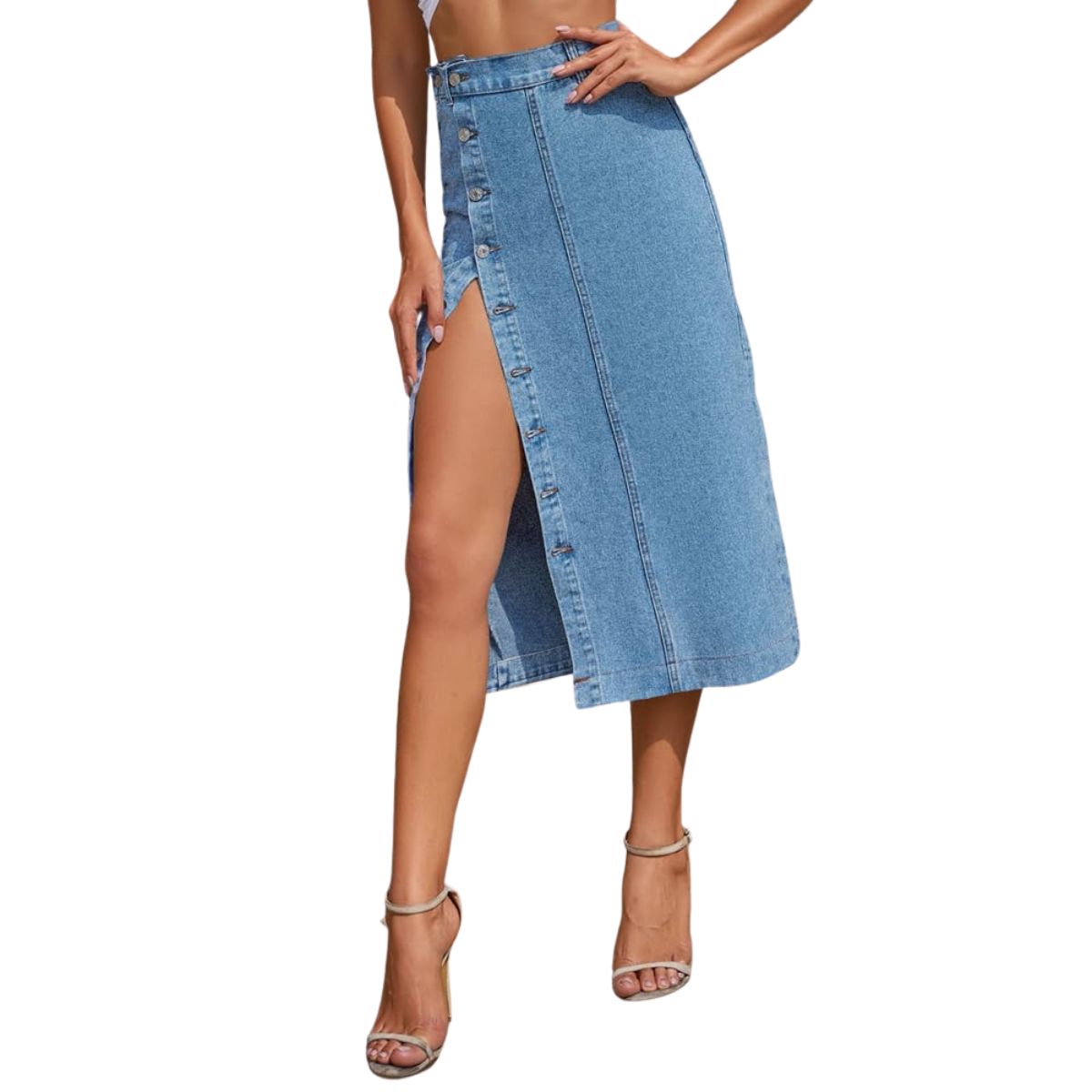 Women’s High Waisted Button Front Slit Midi Denim Skirt