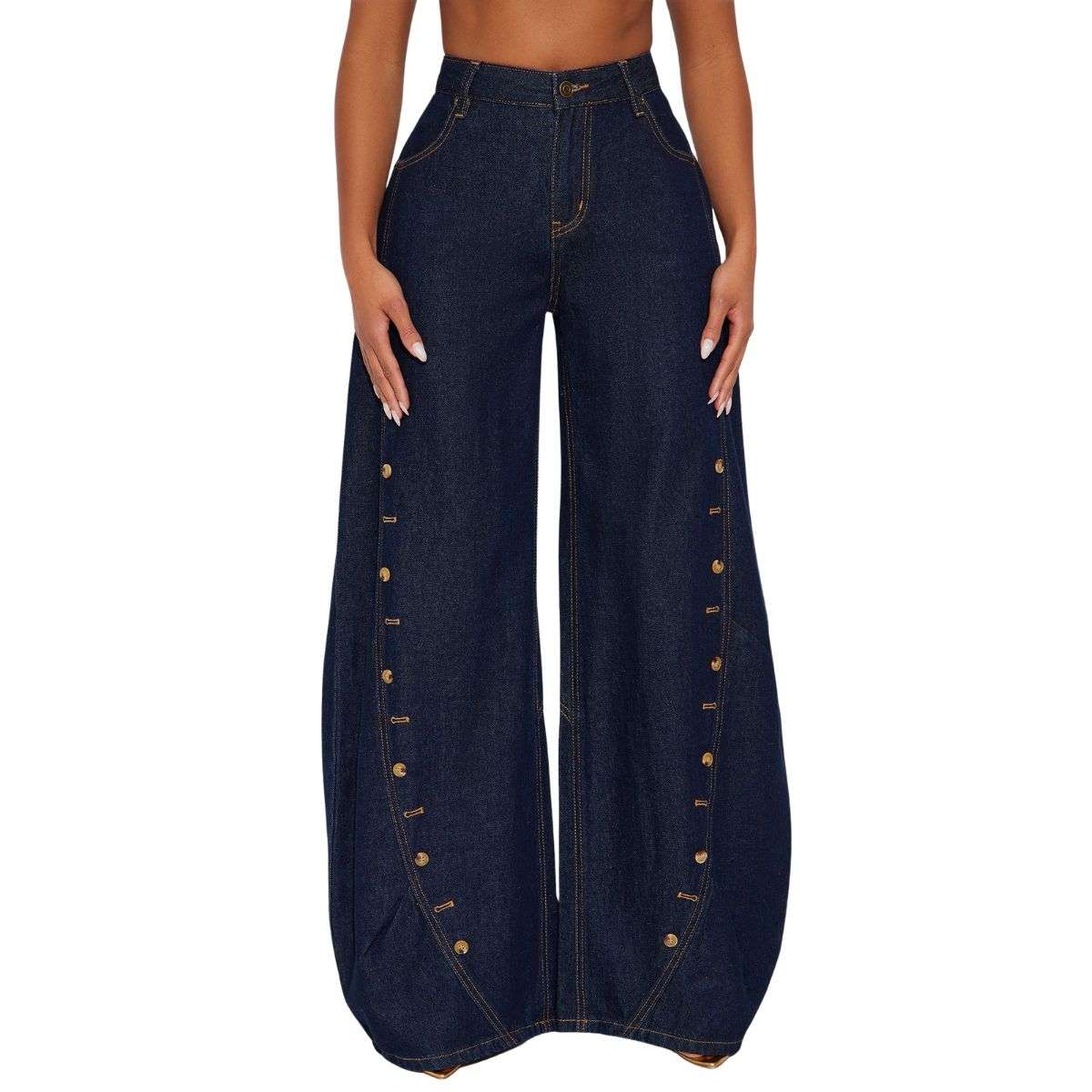 Button Fly Scimitar Wide Leg Jeans