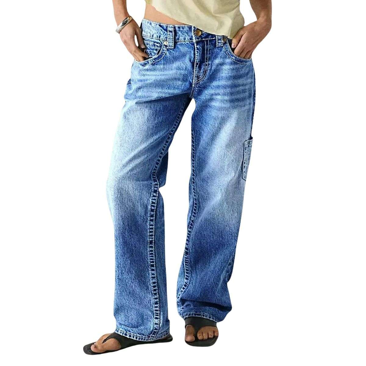 Women’s Multi-Pocket Washed Mid Rise Straight Leg Jeans