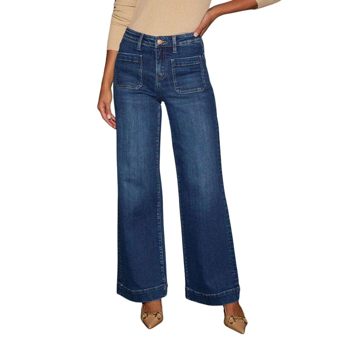 Women’s Solid Color Pocket High Rise Straight Leg Jeans