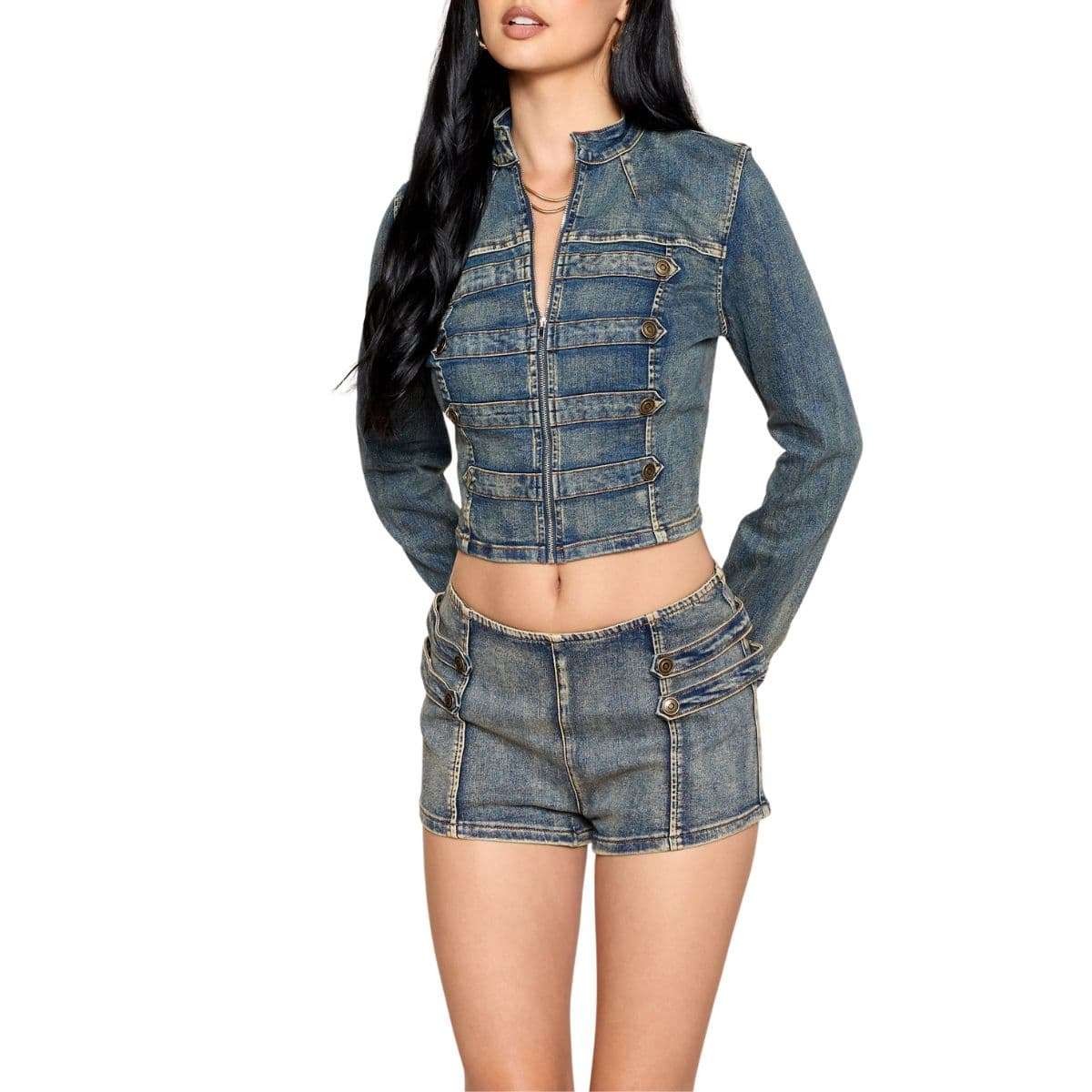 Women’s Military-Inspired Zip Front Cropped Denim Jacket