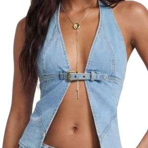 Women's Halter Deep V Belted Front Split Denim Top