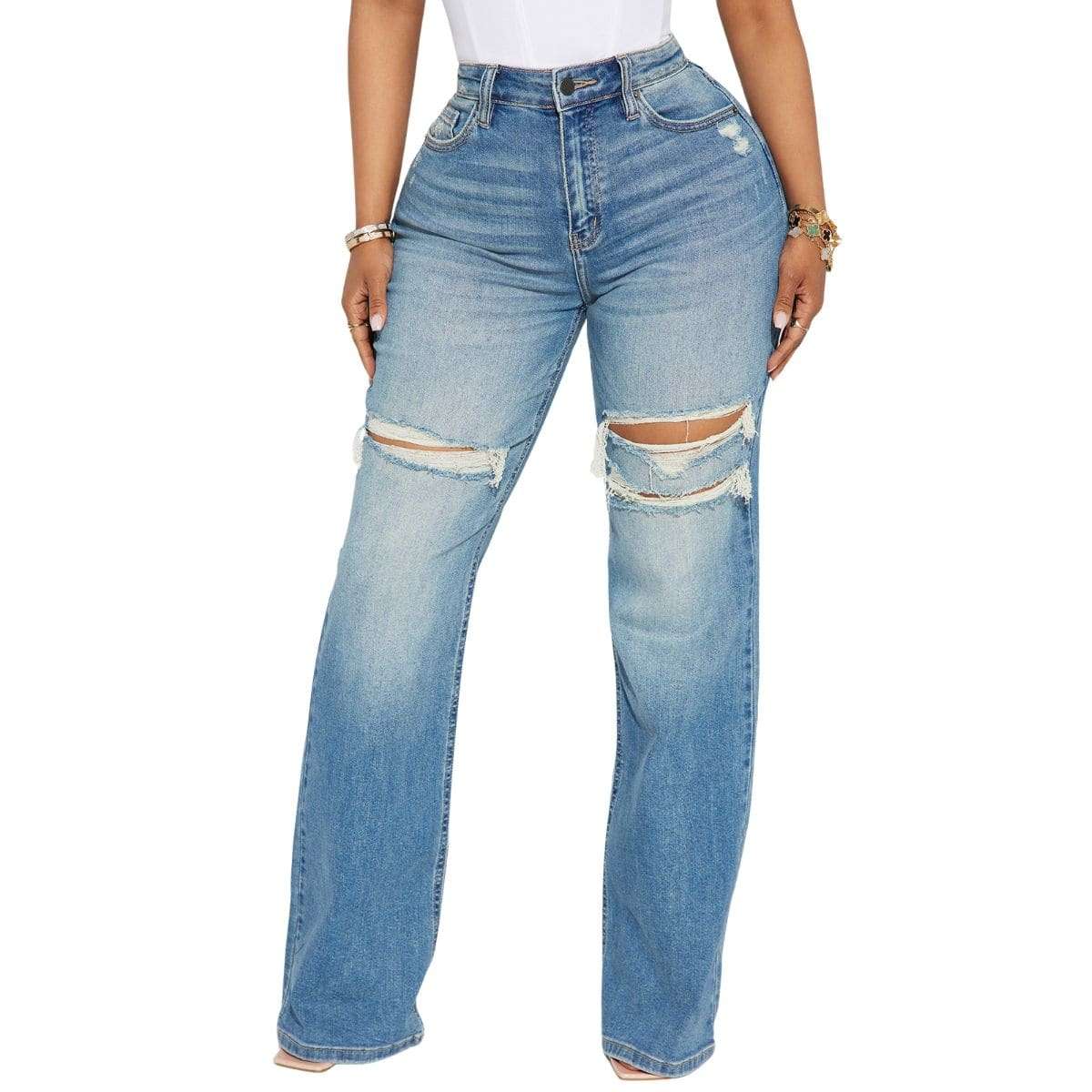 Women’s Ripped Washed High Rise Stretch Straight Wide Leg Jeans