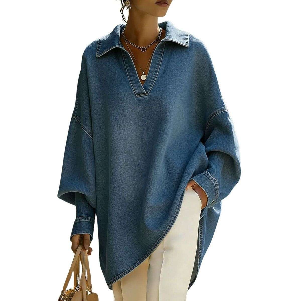 Women’s Collared V-Neck Oversized Long Sleeve Denim Tunic Shirt