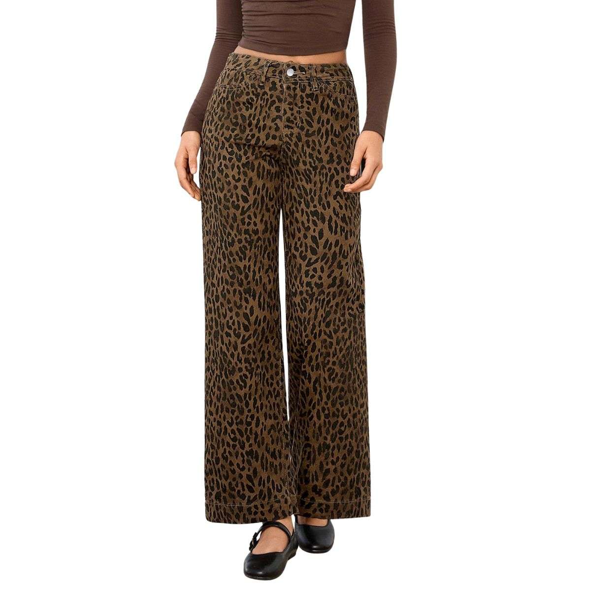 Women’s High Rise Wide Leg Stretch Leopard Print Ankle Jeans