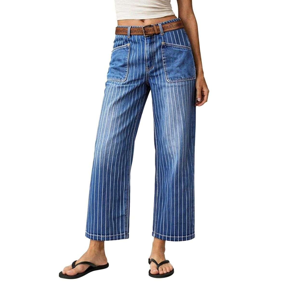 Women’s Mid Rise Striped Patch Pocket Wide Leg 3/4 Jeans