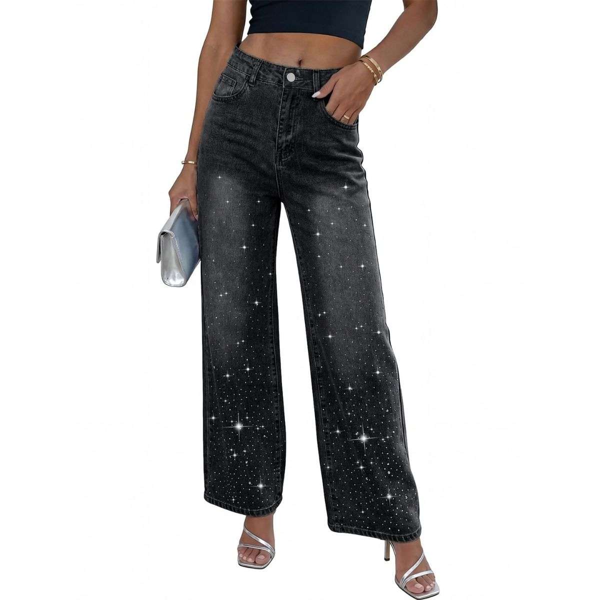 Women’s High Rise Rhinestone Wide Leg Jeans