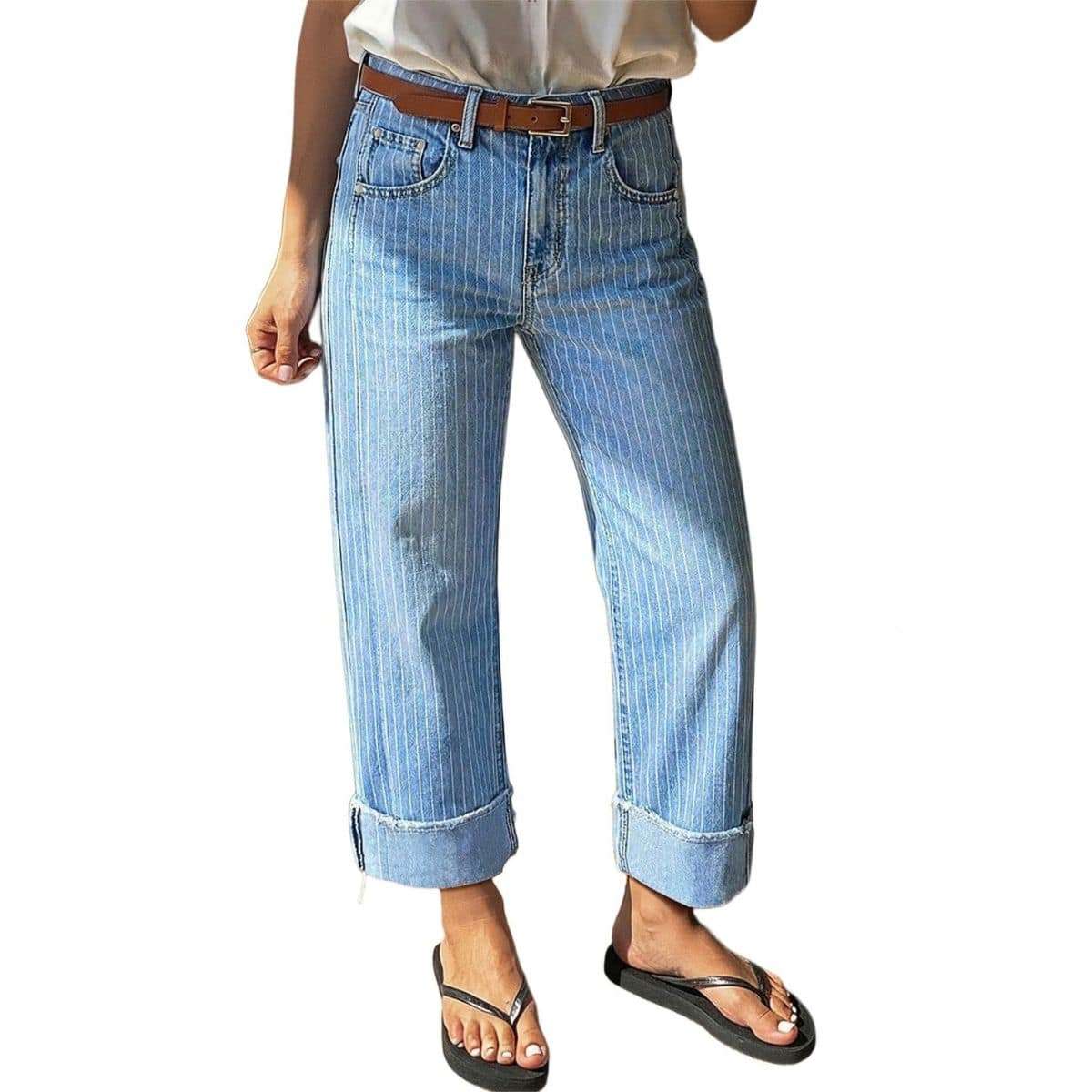 Women’s Mid Rise Striped Rolled Cuff Straight Leg Jeans