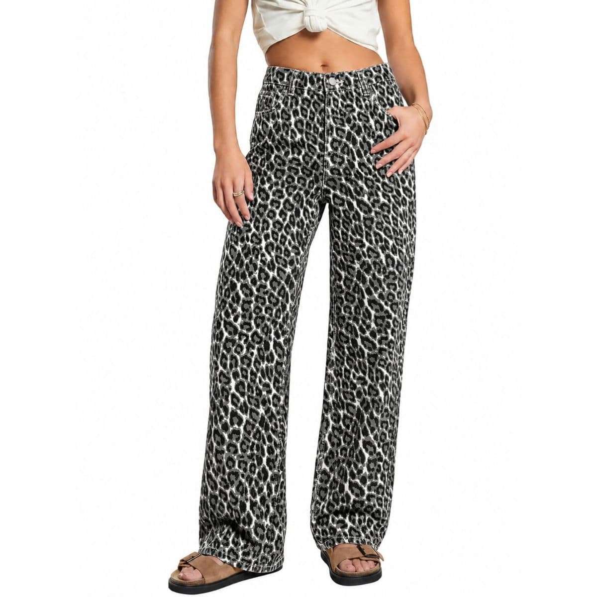 Women’s High Rise Leopard Print Wide Leg Loose Fit Jeans