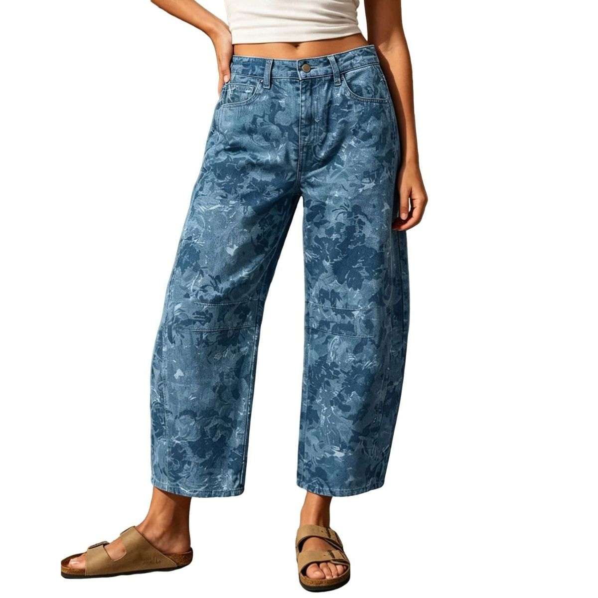 Women’s Mid Rise Printed Loose Barrel Leg Jeans