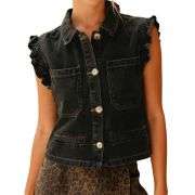 Women’s Sleeveless Ruffle Trim Cinched Short Denim Vest