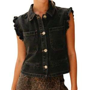 Women's Sleeveless Ruffle Trim Cinched Short Denim Vest