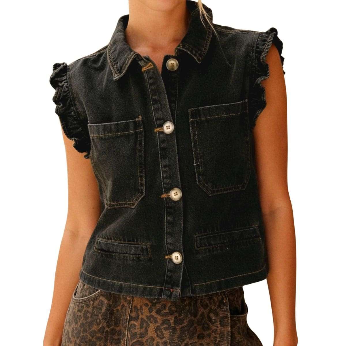 Women’s Sleeveless Ruffle Trim Cinched Short Denim Vest