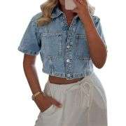 Women’s Short Sleeve Cropped Collared Button Denim Jacket