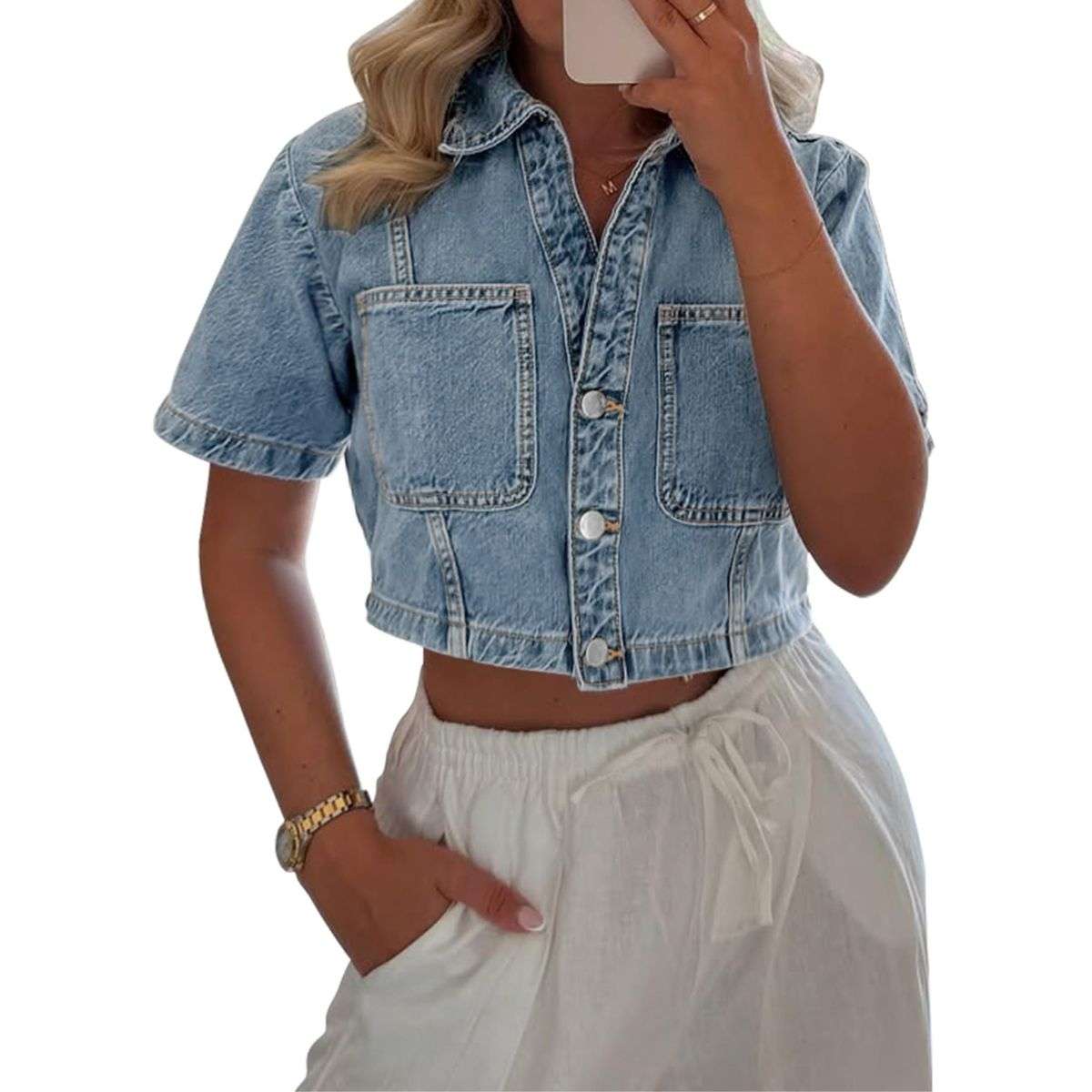 Women’s Short Sleeve Cropped Collared Button Denim Jacket