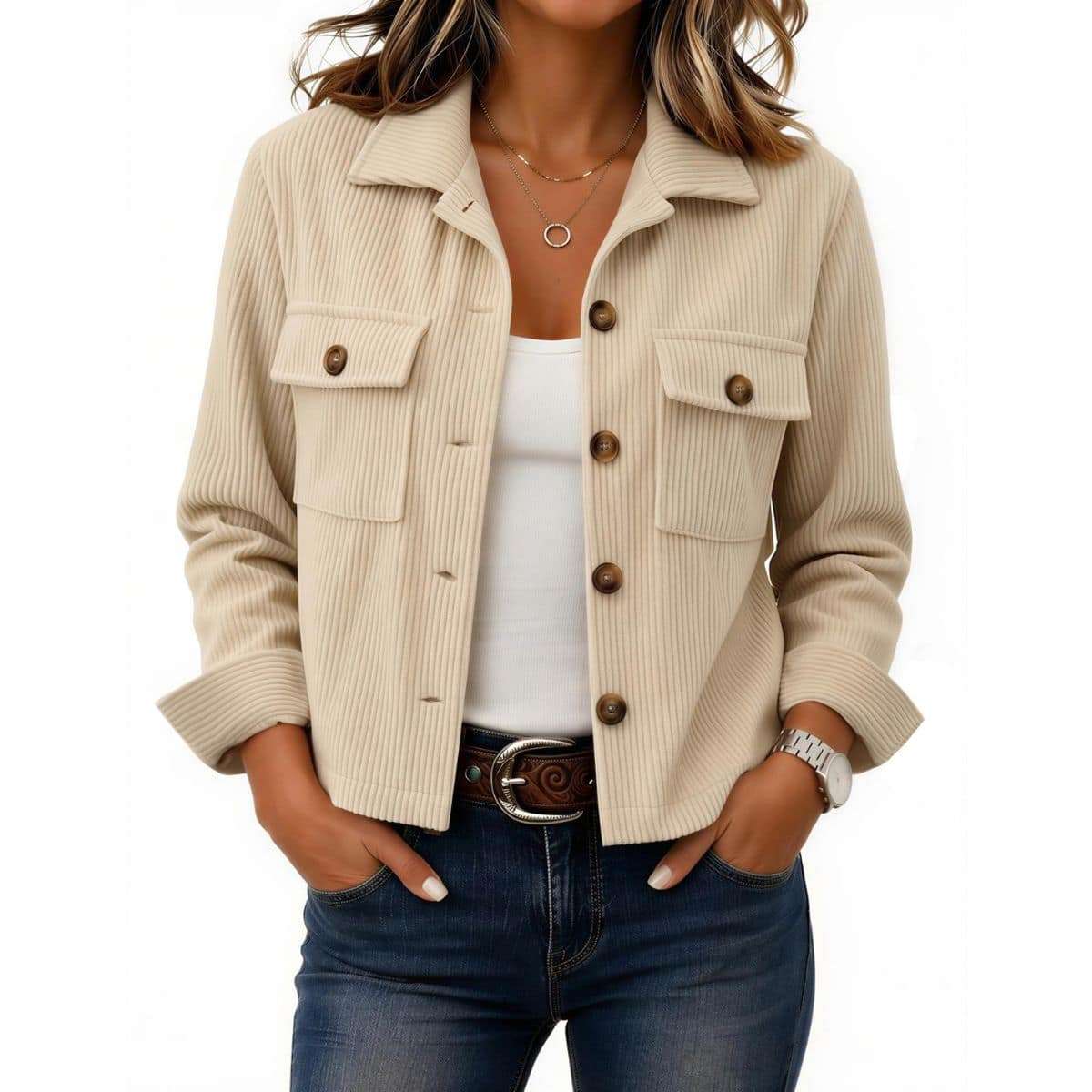 Women’s Fashion Cropped Corduroy Collared Long Sleeve Jacket