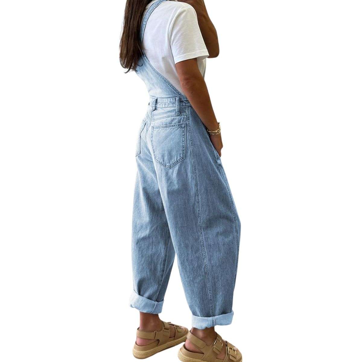 Women’s Loose Fit Adjustable Strap Cargo Denim Bib Overalls