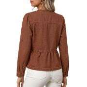 Women’s Collarless Button Front Cinched Waist Long Sleeve Denim Jacket