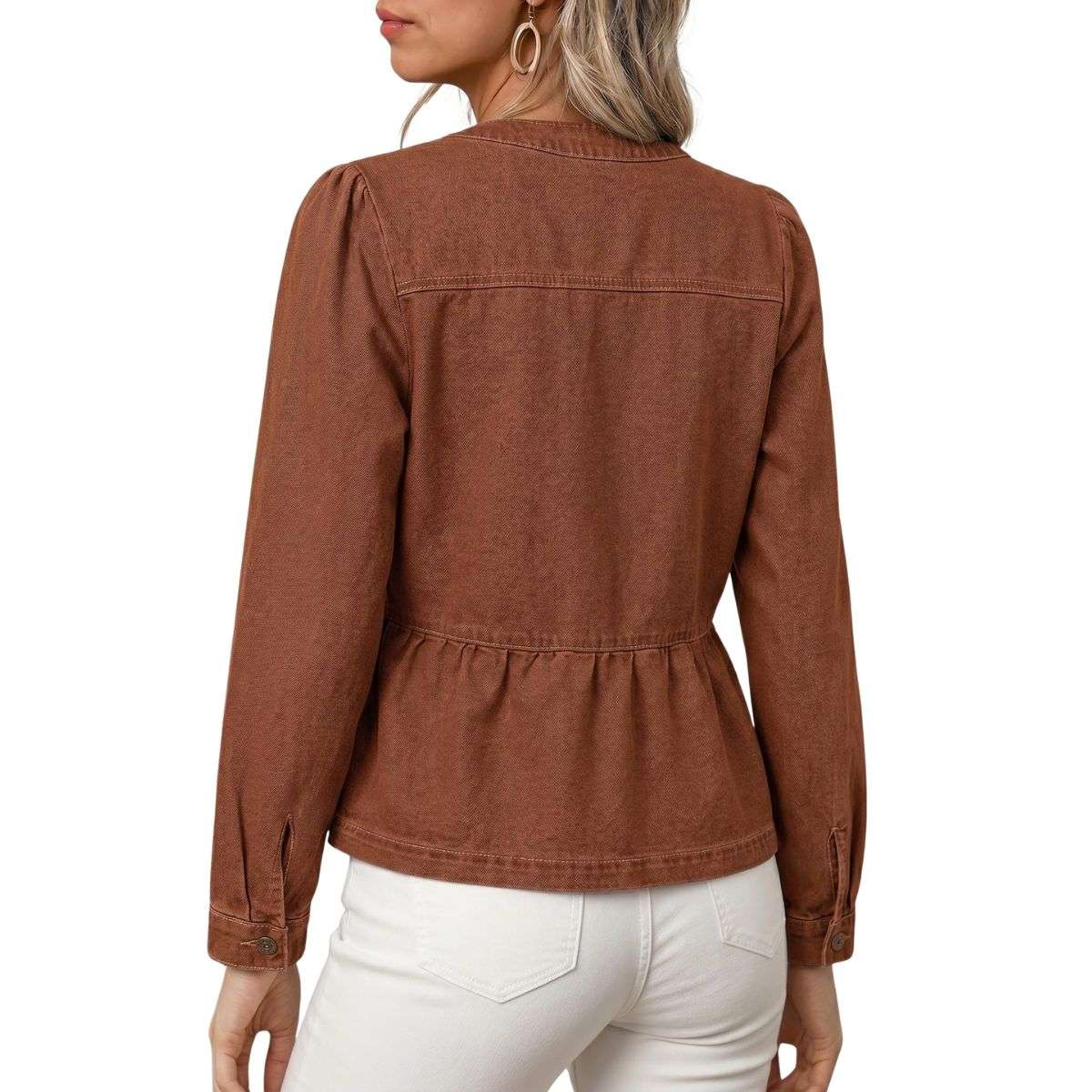 Women’s Collarless Button Front Cinched Waist Long Sleeve Denim Jacket