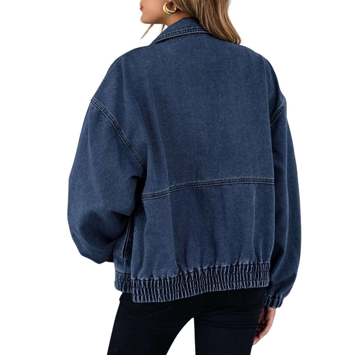 Women’s Zip Up Long Sleeve Loose Fit Denim Jacket