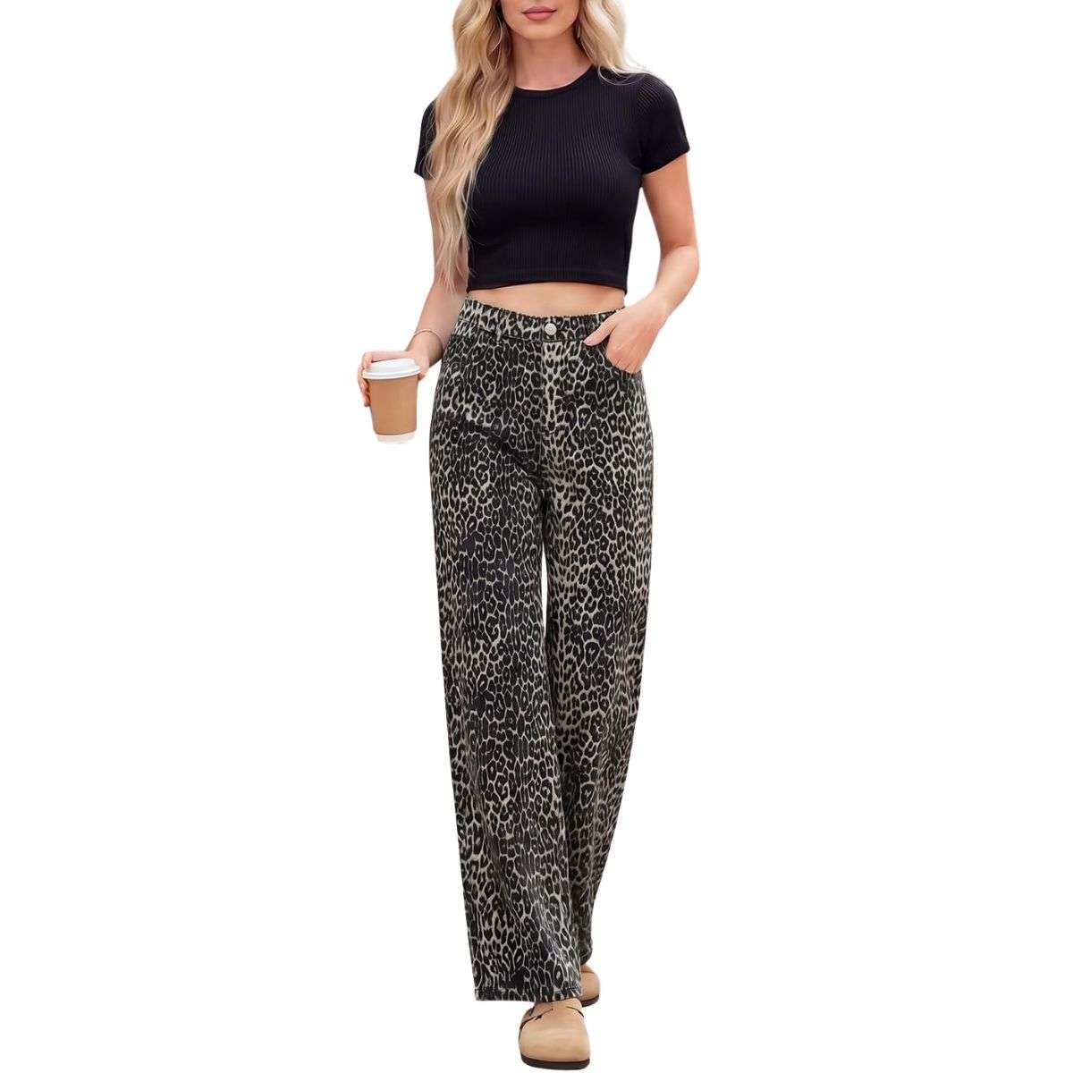 Women’s High Rise Leopard Print Wide Leg Loose Fit Jeans