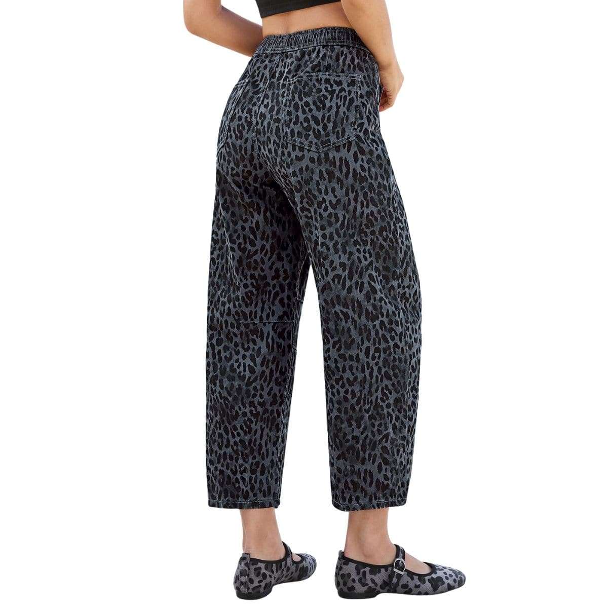 Women’s High Rise Leopard Print Wide Barrel Leg Jeans
