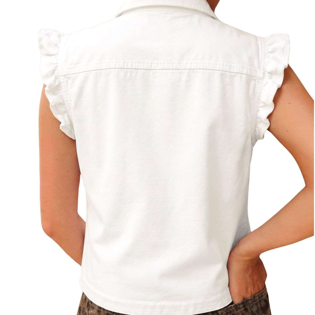 Women’s Sleeveless Ruffle Trim Cinched Short Denim Vest