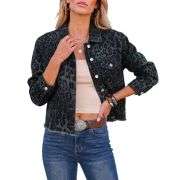 Women’s Cheetah Print Stretch Frayed Hem Denim Jacket