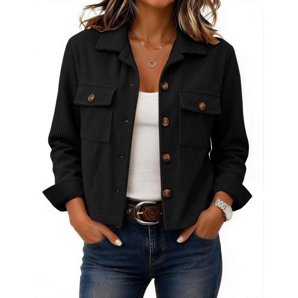 Women’s Fashion Cropped Corduroy Collared Long Sleeve Jacket