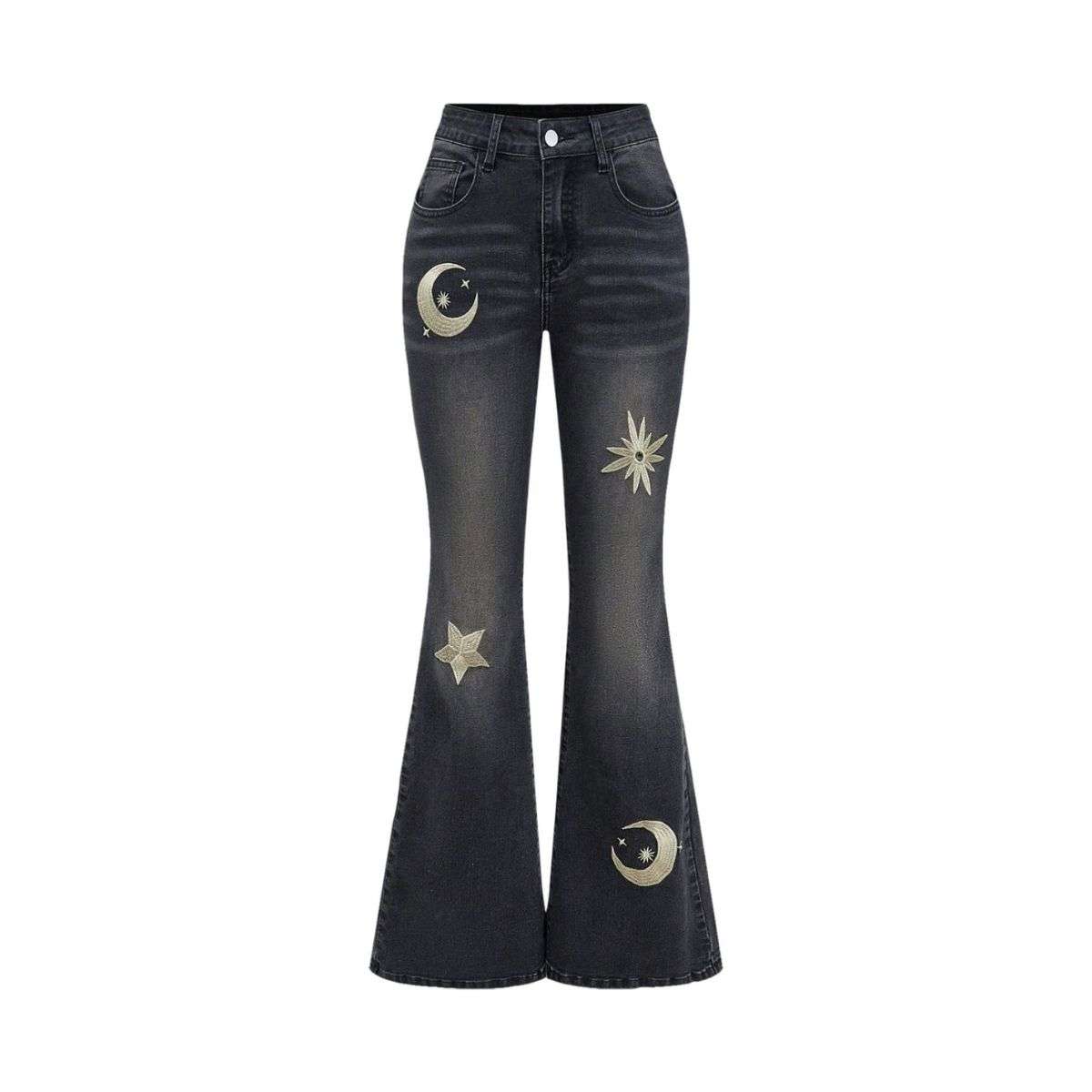 Women’s Gothic Punk Rhinestone Embroidered Flare Jeans