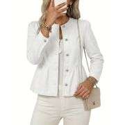 Women’s Collarless Button Front Cinched Waist Long Sleeve Denim Jacket