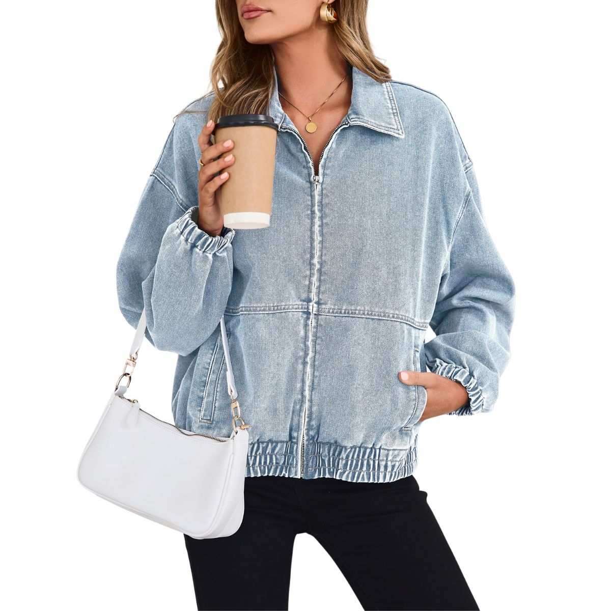 Women’s Zip Up Long Sleeve Loose Fit Denim Jacket